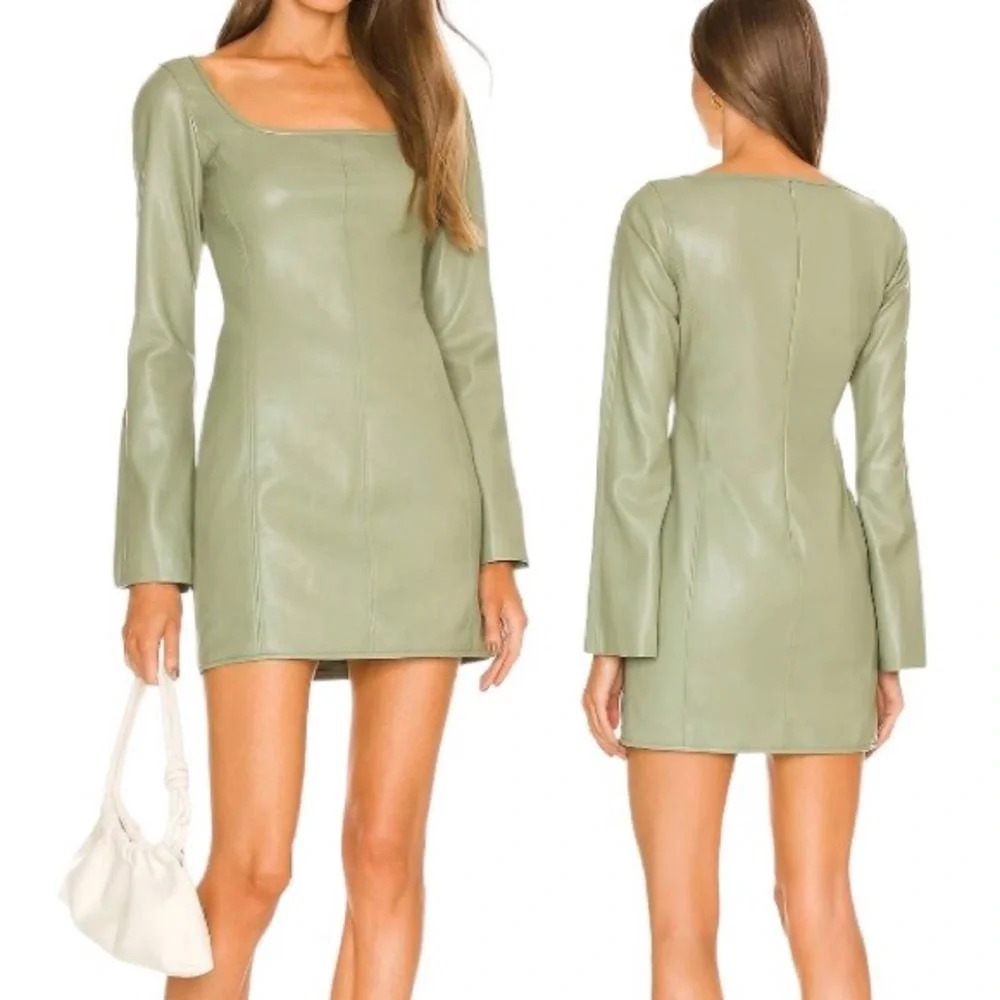 Alexis Vanna Faux Leather Sage Green Square Neck Long Bell Sleeve Mini Dress